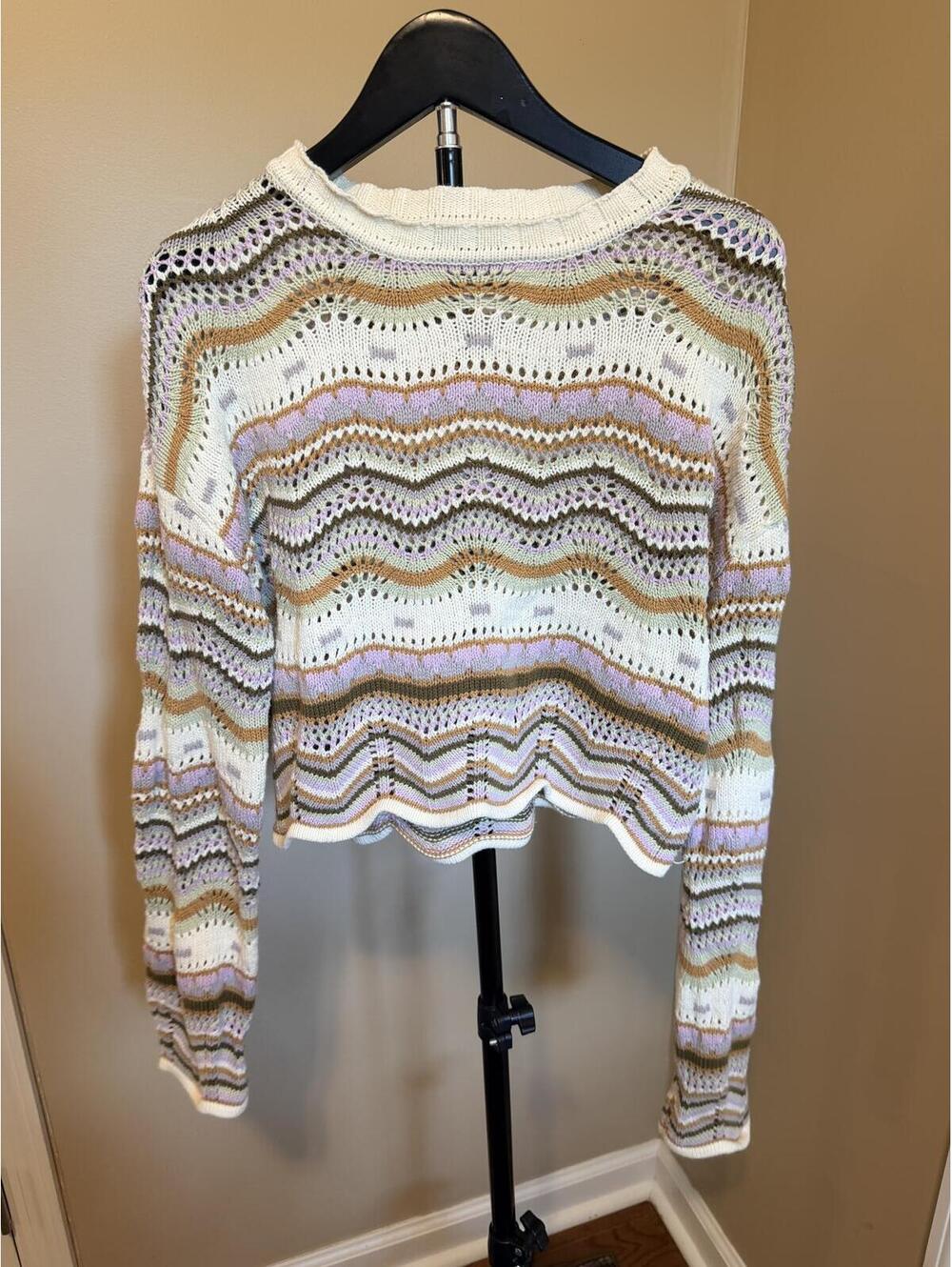 Originality Pastel Open Knit Crochet Sweater Size Small Boho Striped Lightweight